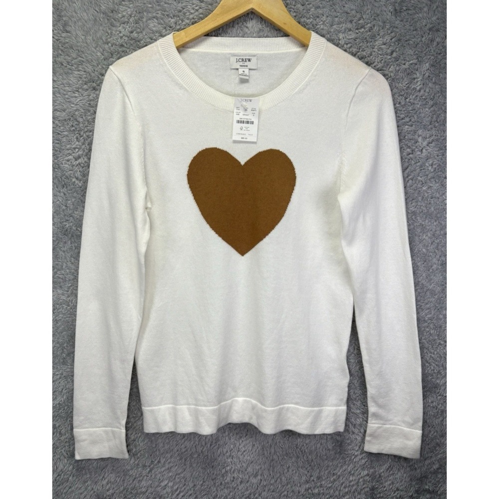 J.Crew Teddie Women's S Heart Sweater Ivory Brown 100% Cotton Crewneck NEW